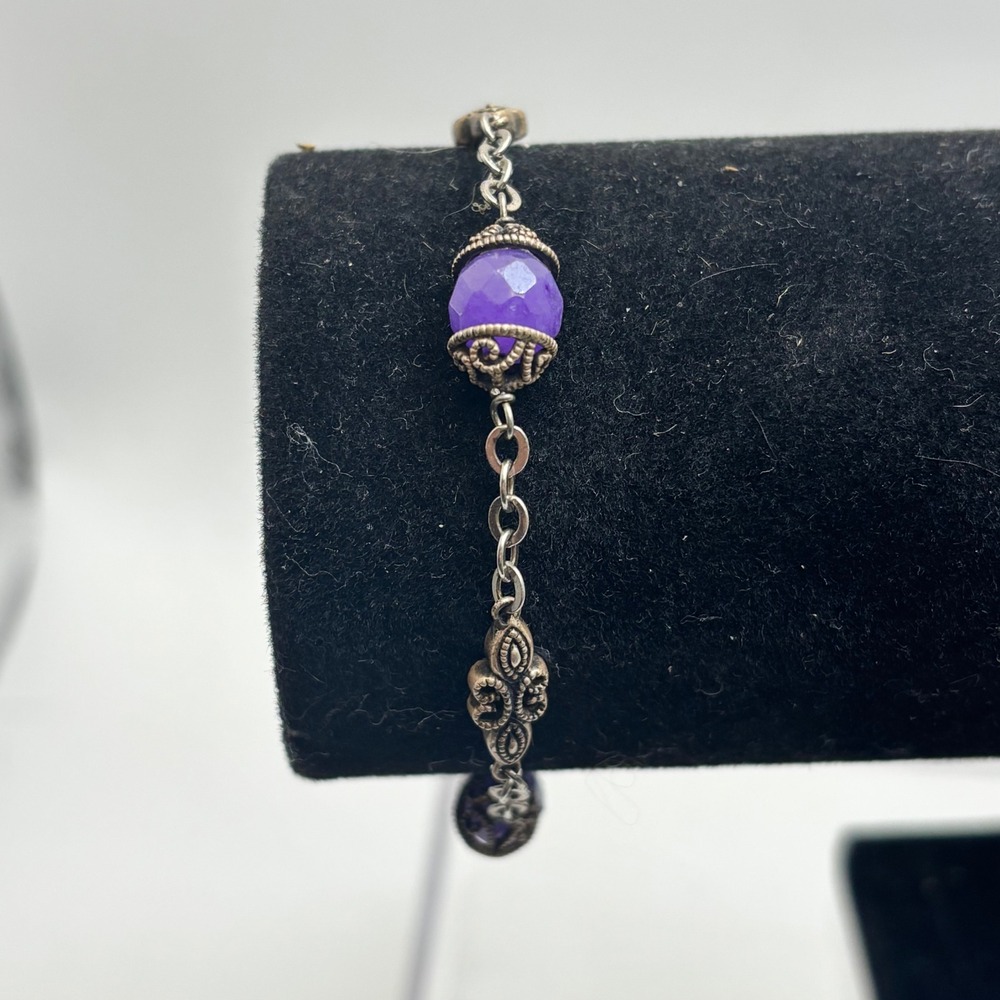 Vintage MCM Sterling 925 Purple Amethyst Bead Filigree‎ Bracelet Silver 7"